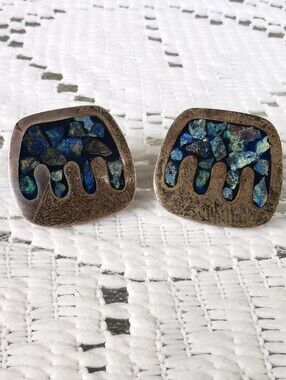 Vintage Mexican 925 Sterling Silver Mosaic Inlay Earrings